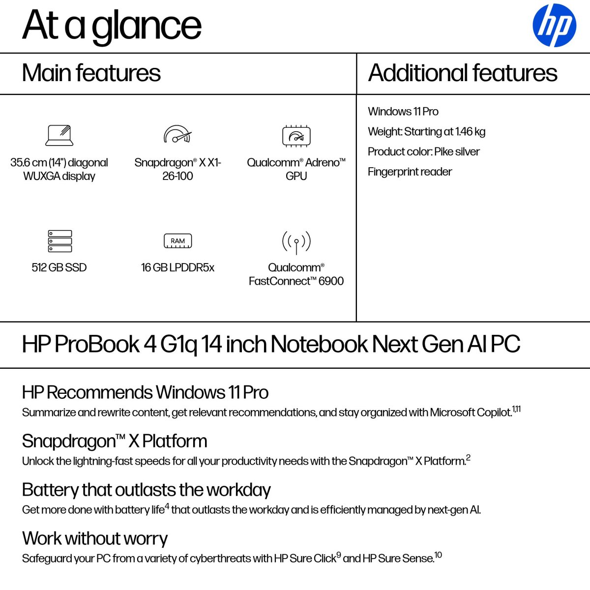 HP ProBook 4 G1q 14-inch WUXGA Snapdragon X X1-26-100 16GB 512GB SSD Windows 11 Pro Copilot+ PC Silver - Image 3