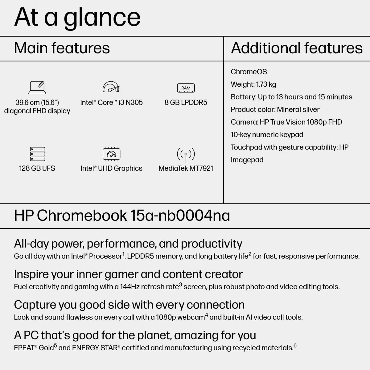 HP Chromebook 15a-nb0004na Intel® Core™ i3 i3-N305 39.6 cm (15.6") Full HD 8 GB LPDDR5-SDRAM 256 GB Flash Wi-Fi 6 (802.11ax) ChromeOS Silver - Image 4